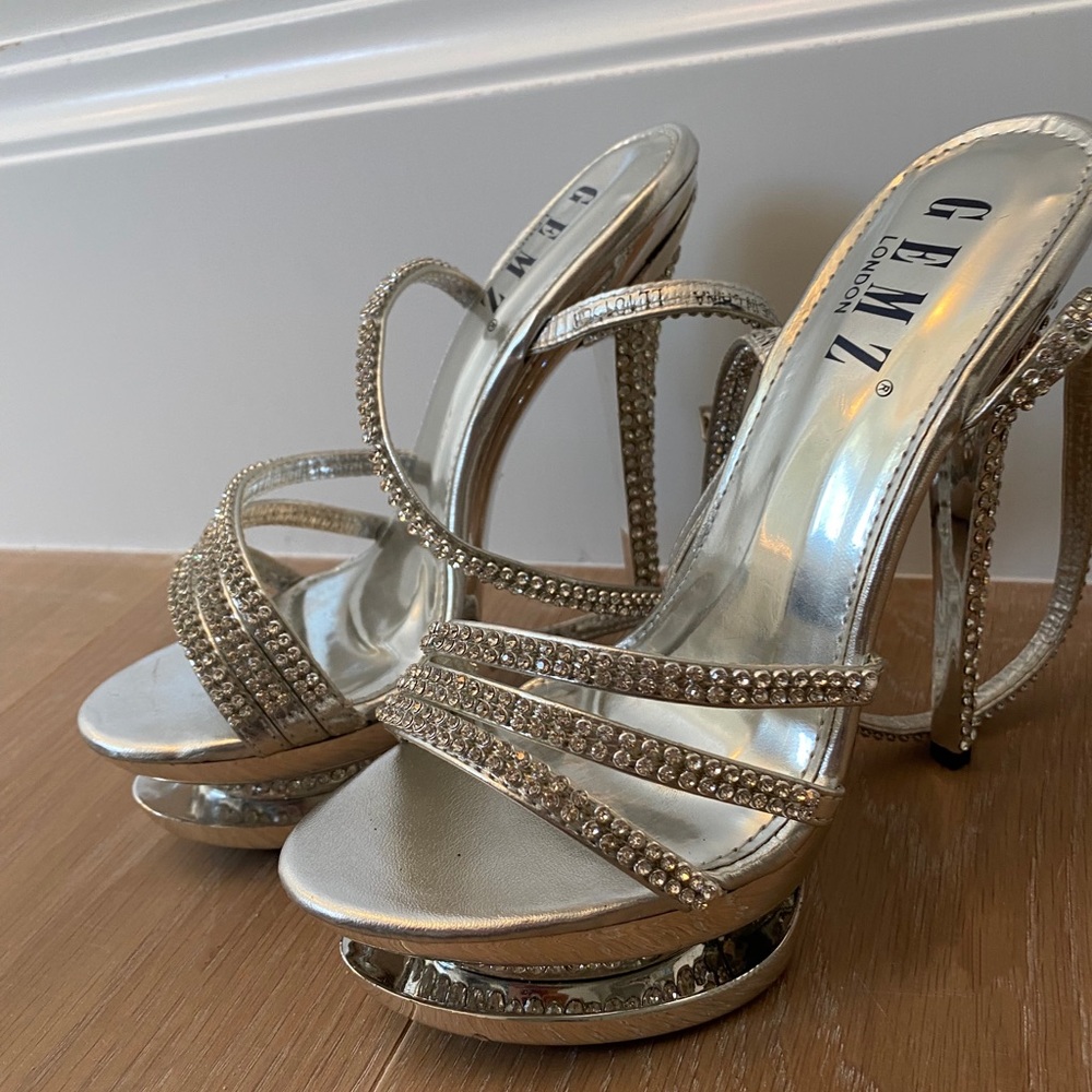 Rhinestone embellished silver sandals